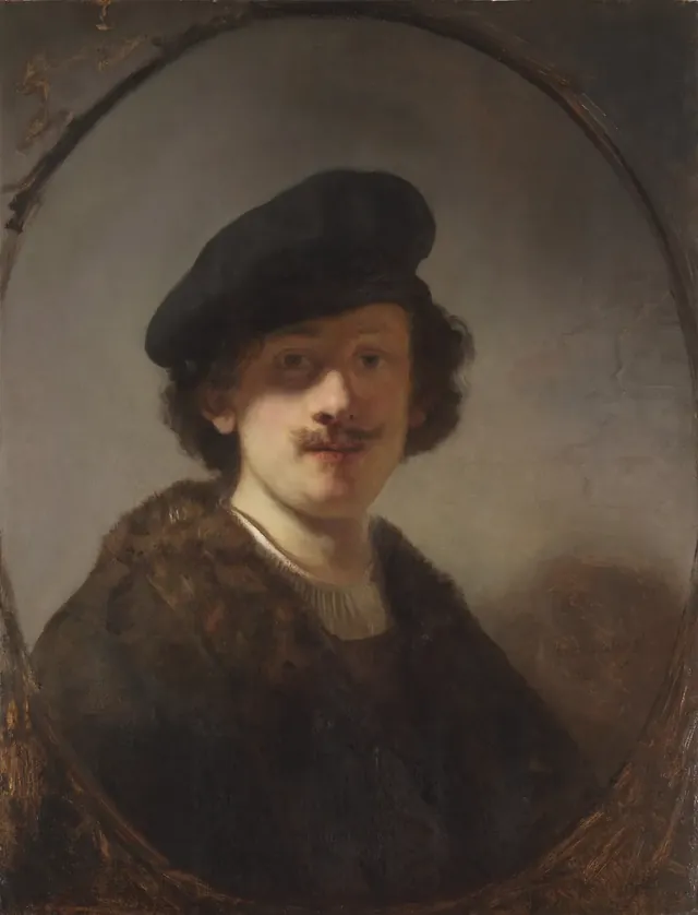 Rembrandt’s Self-Portrait with Shaded Eyes: the young painter in a dark beret, within a painted oval