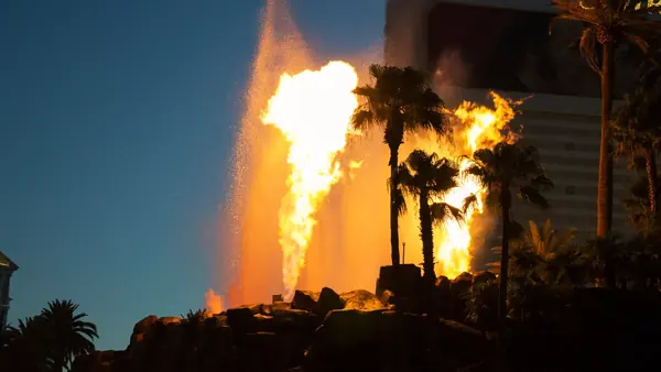 The volcano in front of The Mirage erupting at night