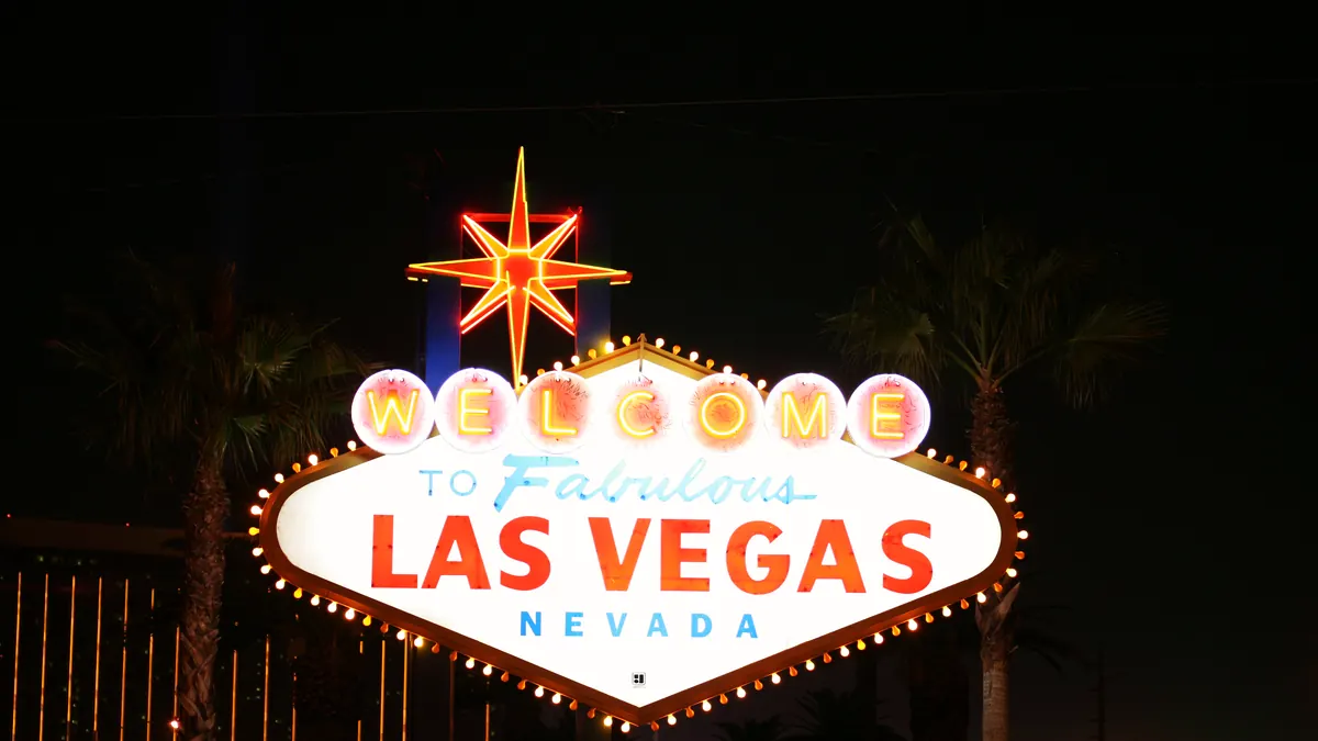 The Welcome to Fabulous Las Vegas sign at dusk